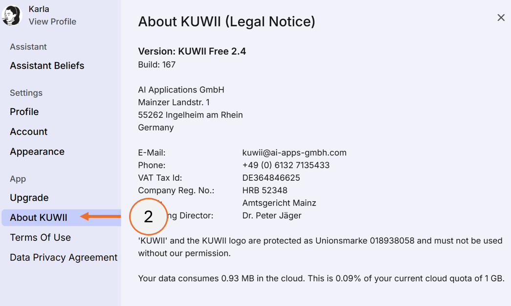 screenshot showing how to select About KUWII from the menu