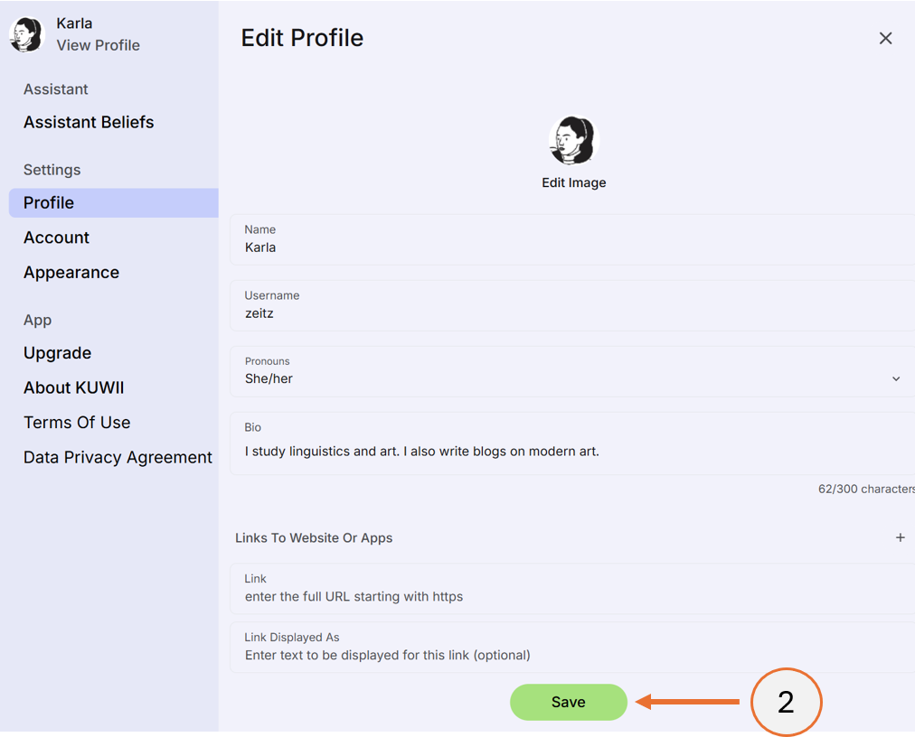screenshot showing how to save the profile