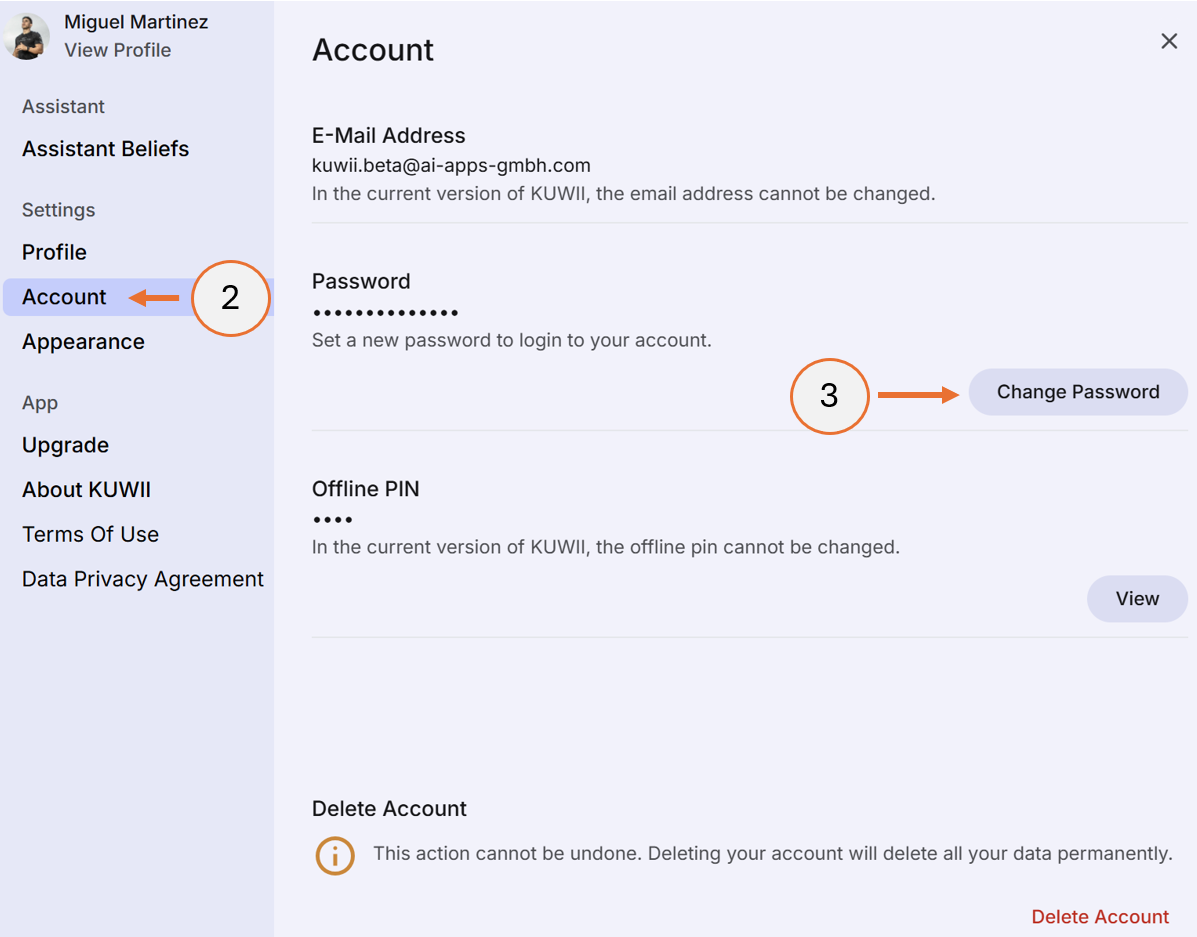 screenshot showing steps 2 and 3 of the change password process