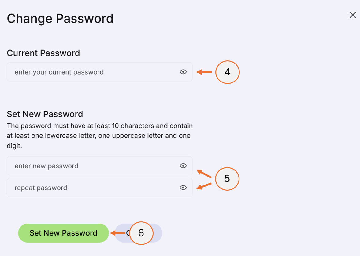 screenshot showing steps 4, 5, and 6 of the change password process