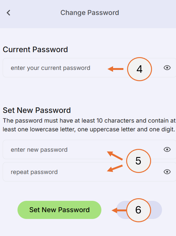 screenshot showing steps 4, 5, and 6 of the change password process