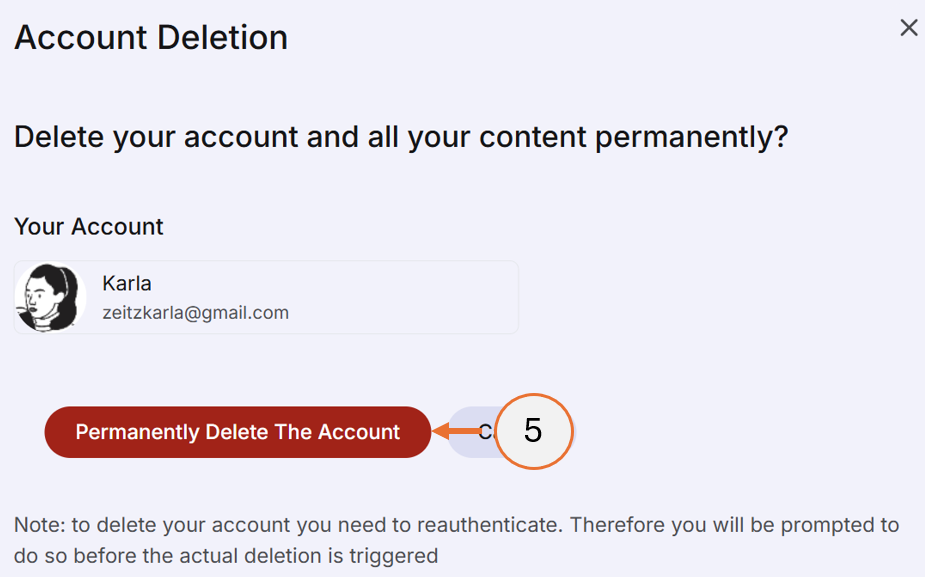 screenshot showing step 5 of the account deletion process