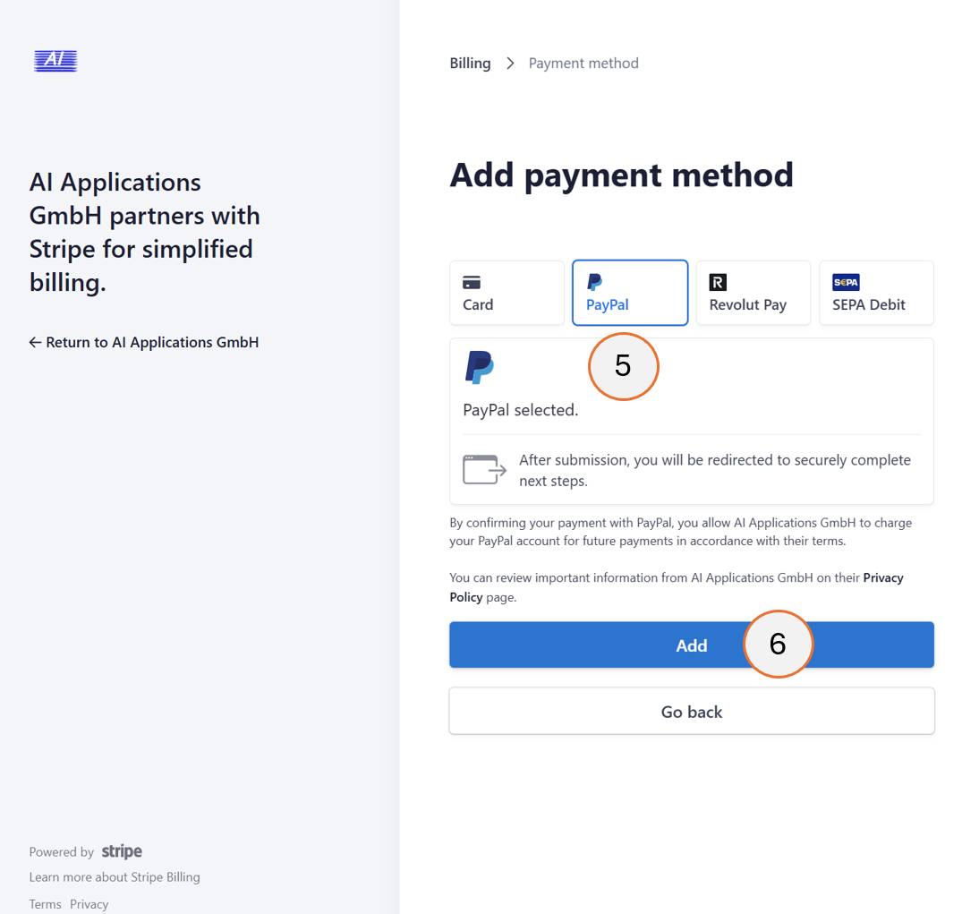 screenshot showing steps 5 and 6 of how to add a payment method.