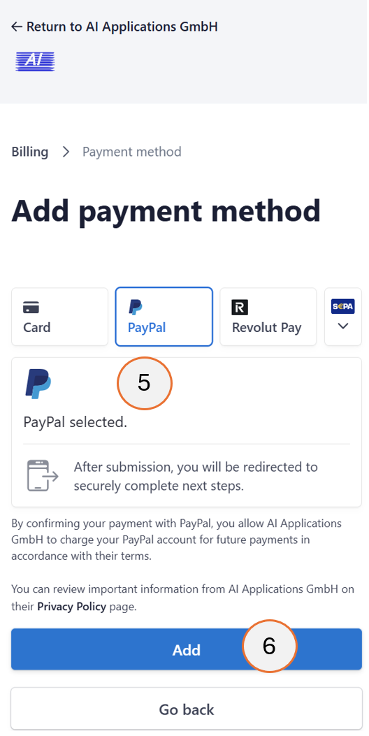 screenshot showing steps 5 and 6 of how to add a payment method.