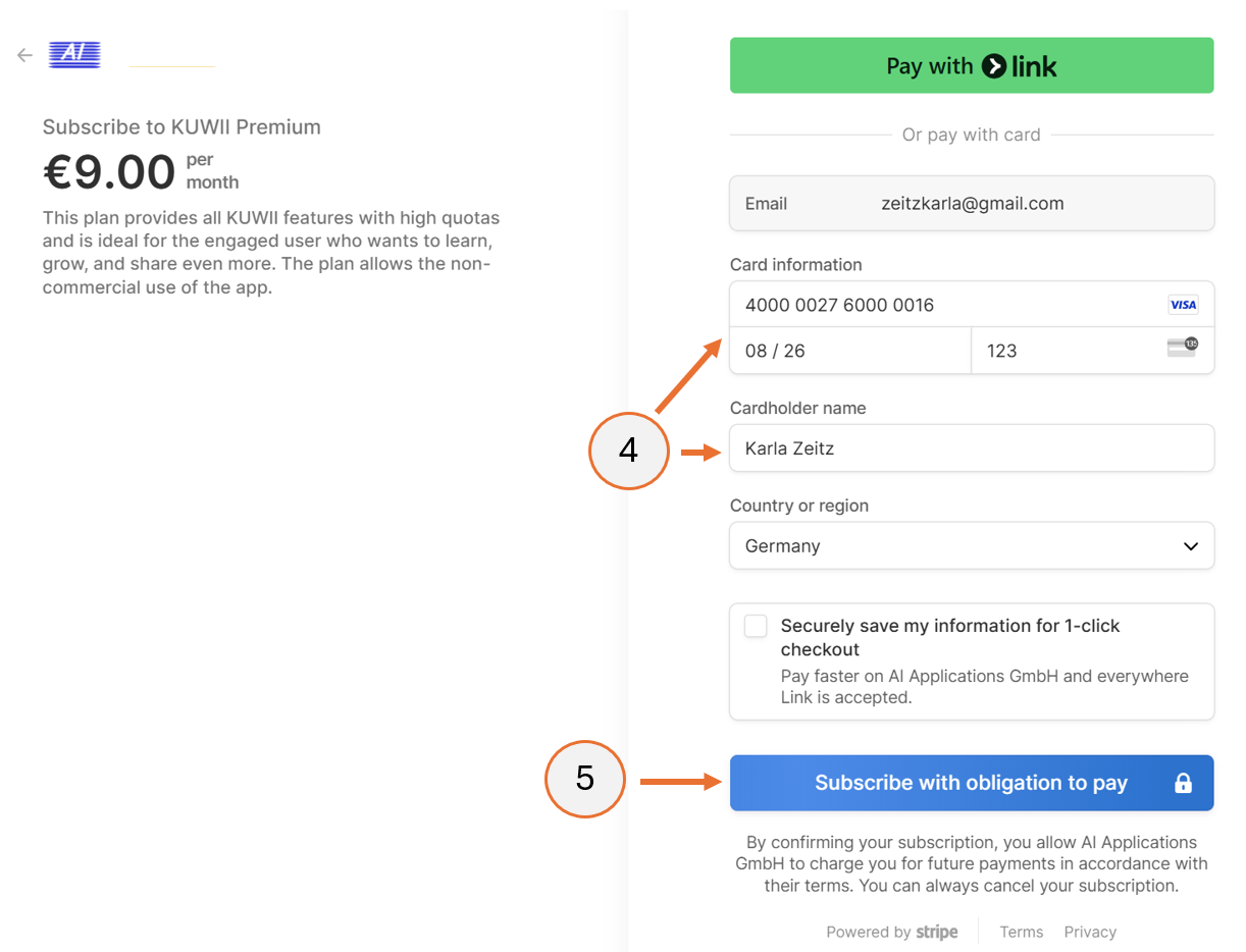 screenshot showing steps 4 and 5 for the purchase of a plan.