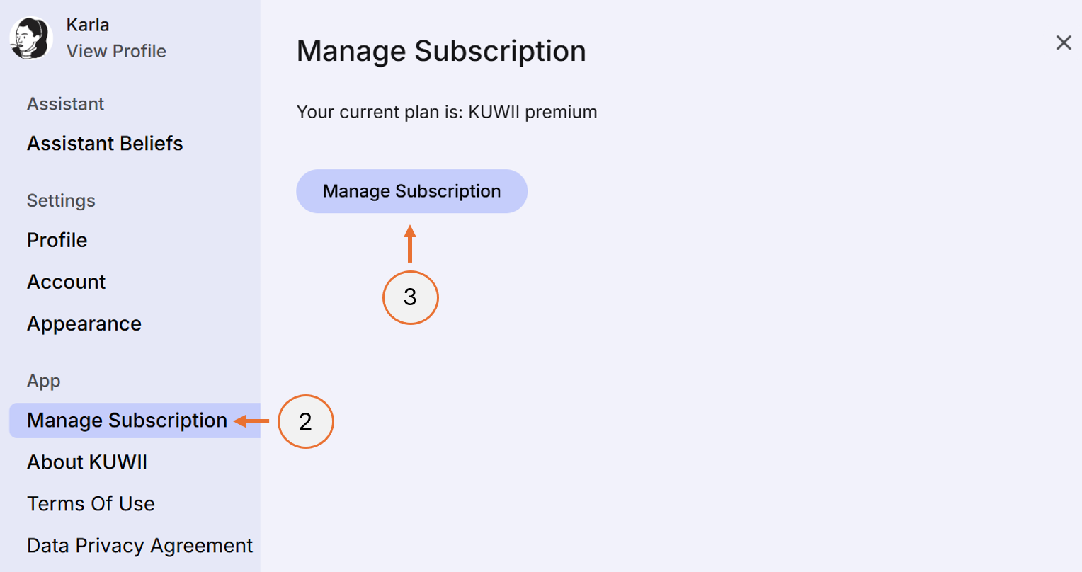 screenshot showing steps 2 and 3 for subscription management.