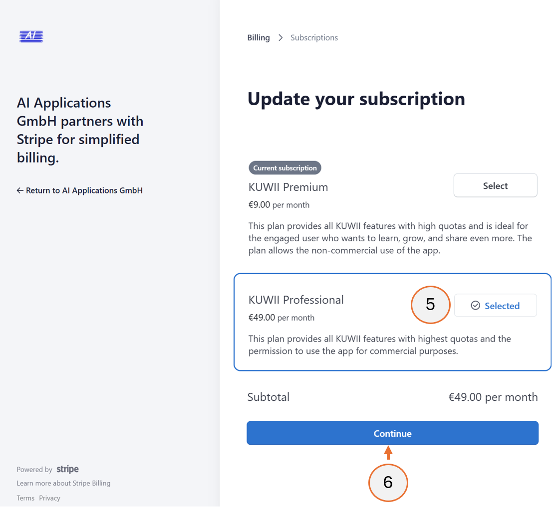 screenshot showing steps 5 and 6 for the change of the subscription plan.