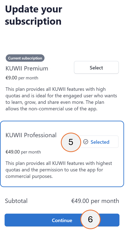 screenshot showing steps 5 and 6 for the change of the subscription plan.