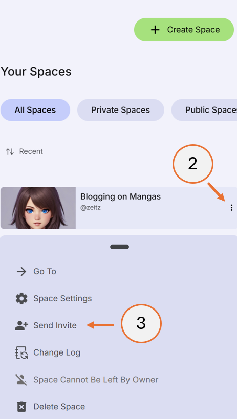 screenshot showing steps 2 and 3 of how to send a space invite