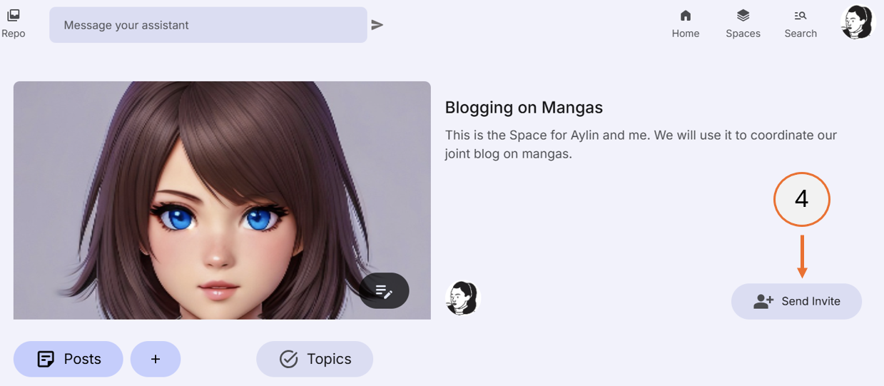 screenshot showing how to send an invite from the opened space