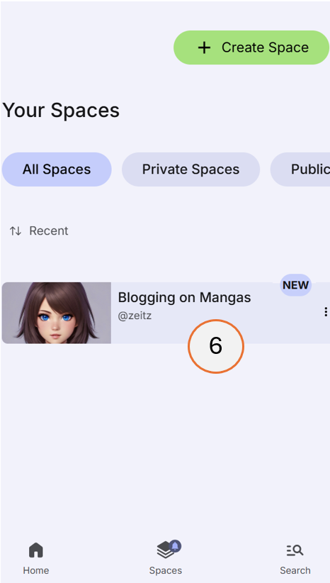 screenshot showing new space in the list