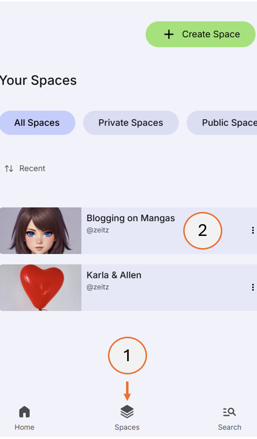 screenshot showing how to open a space