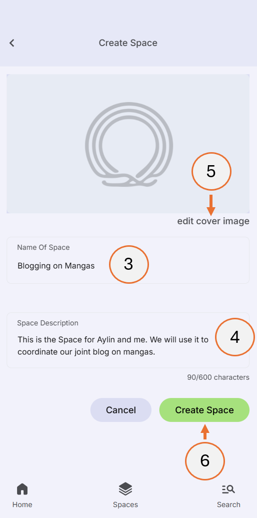 screenshot showing steps 2 to 5 of how to create a space