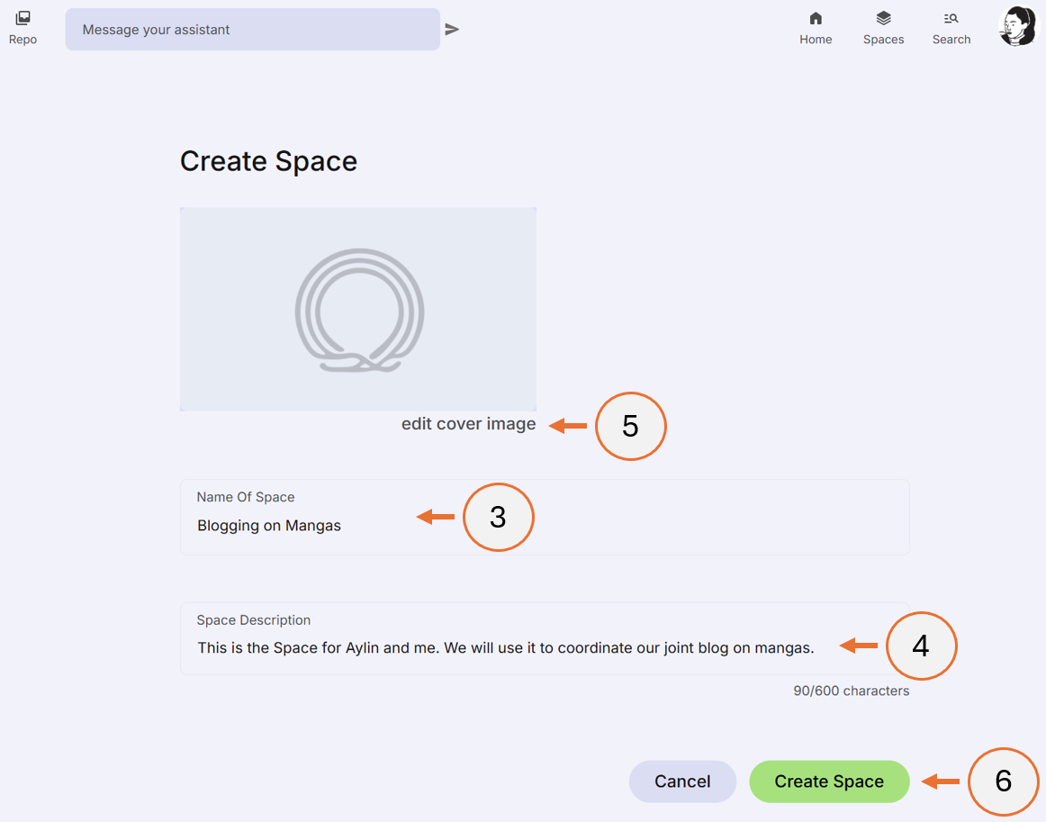 screenshot showing steps 2 to 5 of how to create a space