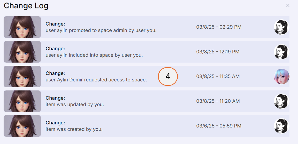 screenshot showing the change log of the space