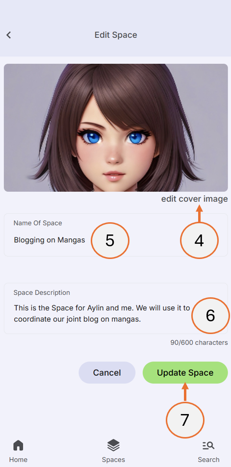 screenshot showing steps 4 to 7 how to edit a space