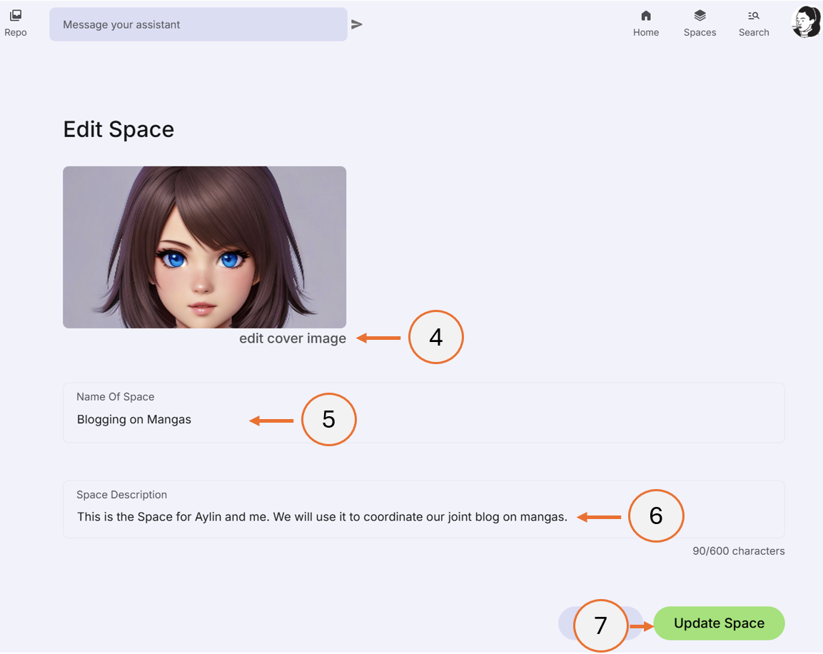 screenshot showing steps 4 to 7 how to edit a space