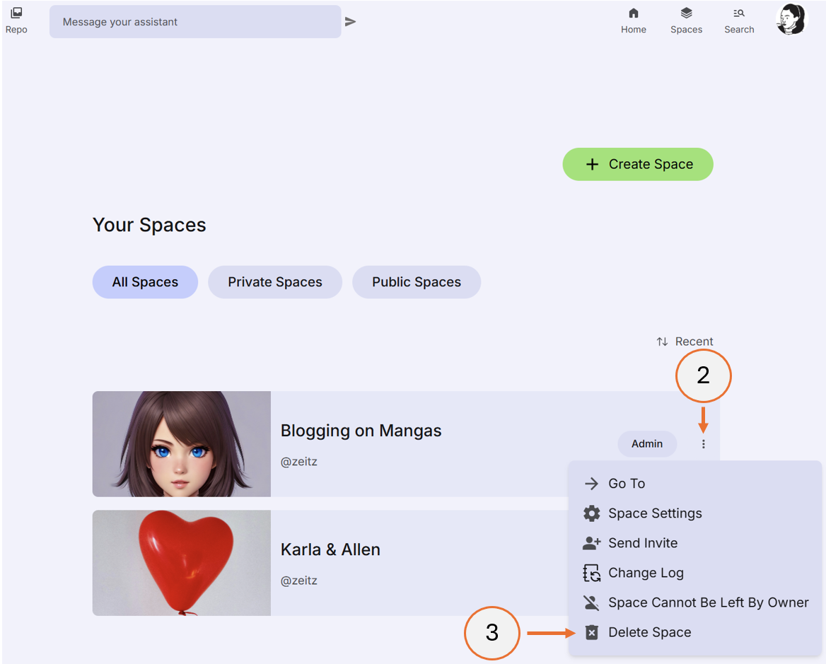 screenshot showing steps 2 and 3 of how to delete a space