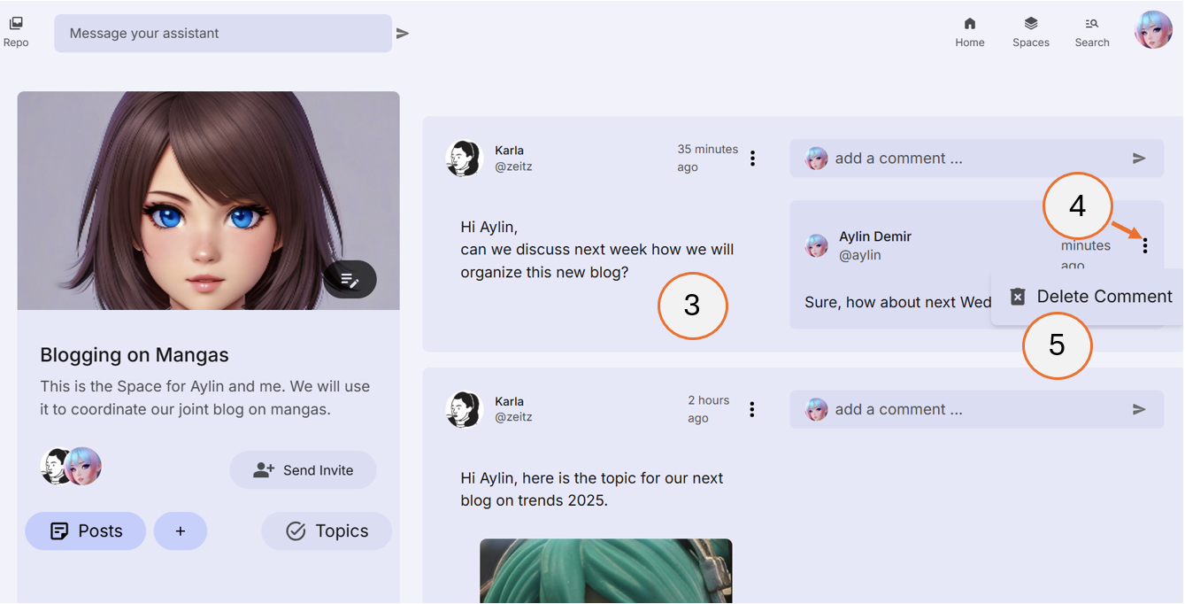 screenshot showing steps 3, 4 and 5 of how to delete a comment
