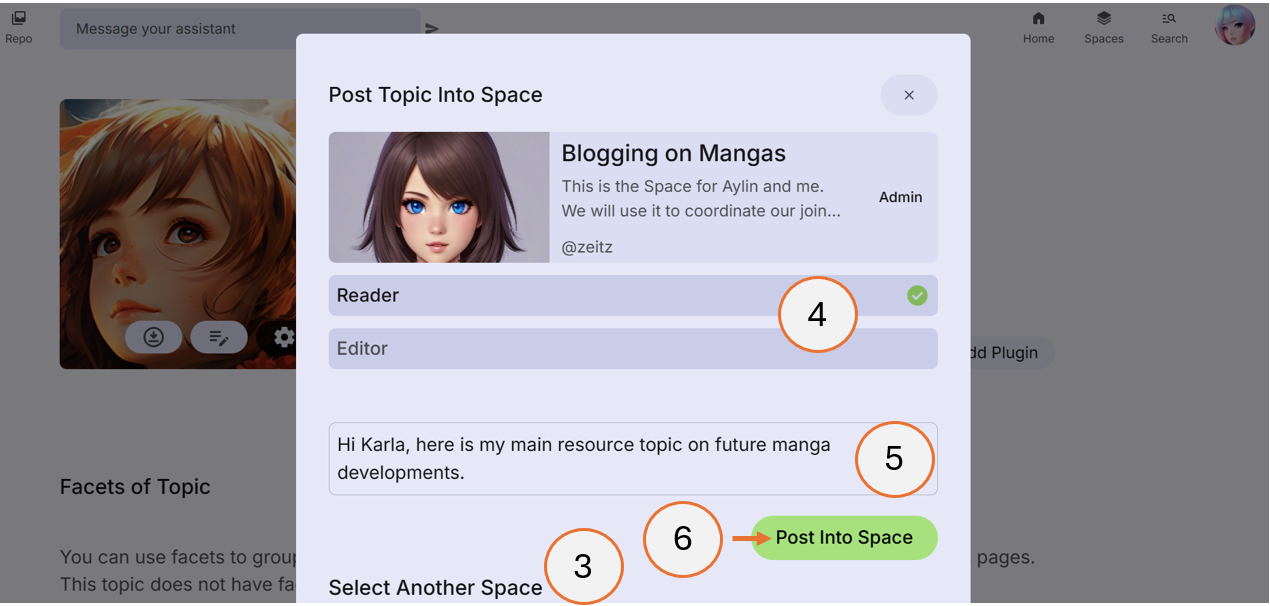 screenshot showing steps 3 to 6 of how to post a topic into a space
