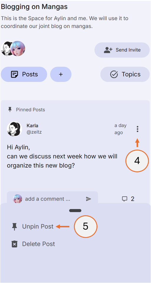 screenshot showing how to unpin a post