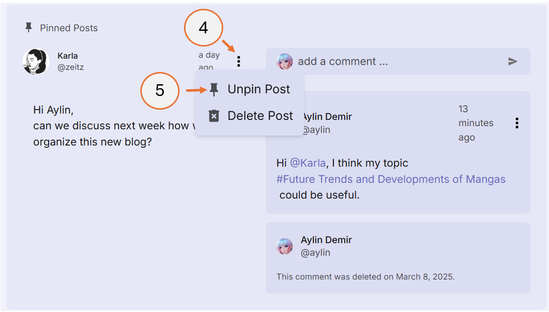 screenshot showing how to unpin a post