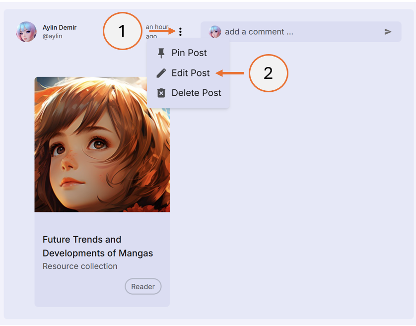 screenshot showing steps 1 and 2 of how to edit a post