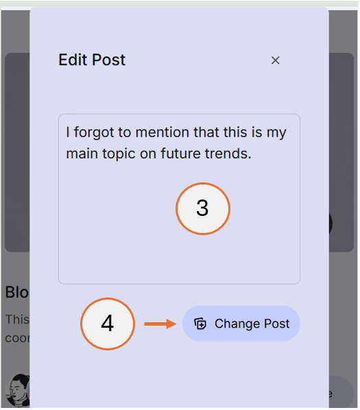 screenshot showing steps 3 and 4 of how to edit a post