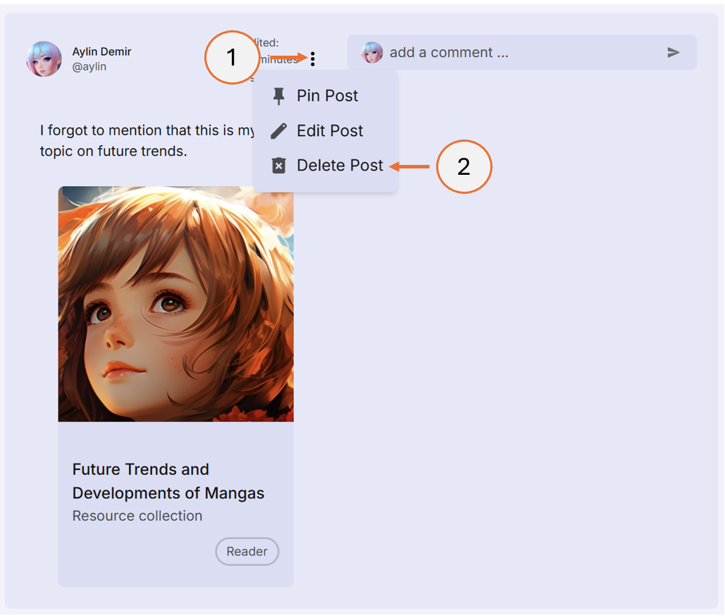 screenshot showing steps 1 and 2 of how to delete a post