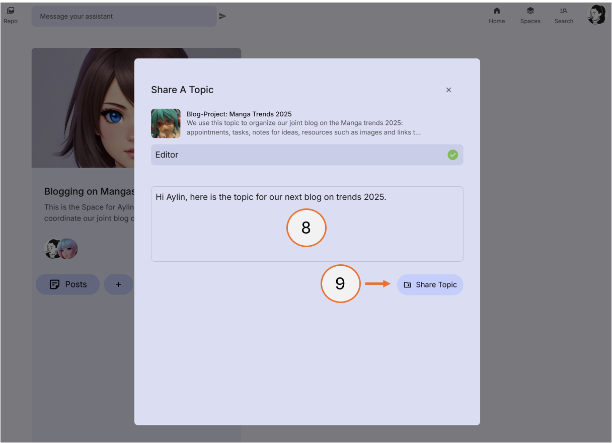 screenshot showing steps 8 and 9 of how to post a topic