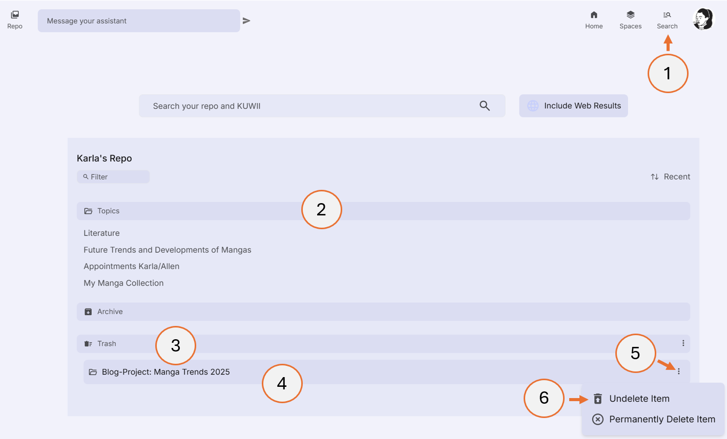 screenshot showing how to undelete a topic