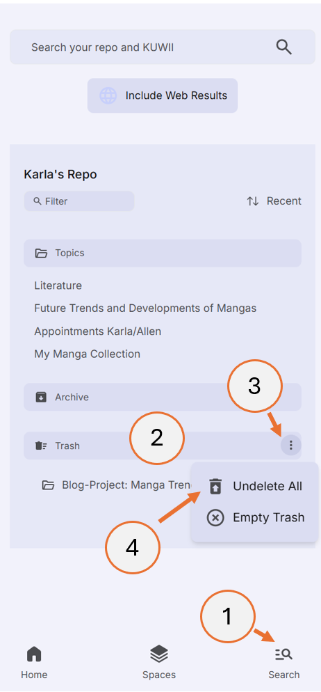 screenshot showing how to undelete all items in the trash