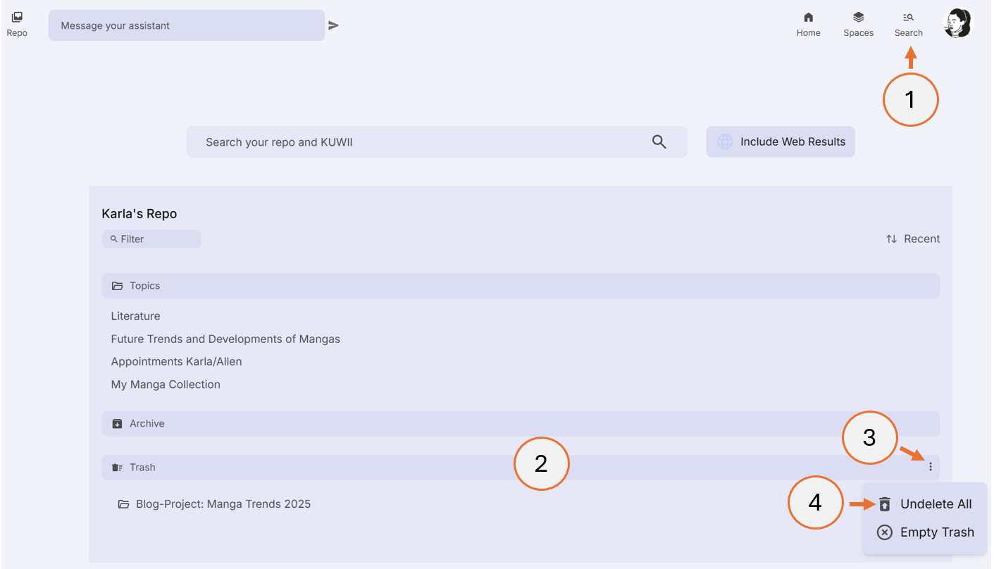screenshot showing how to undelete all items in the trash