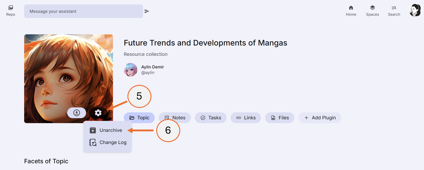 screenshot showing how to unarchive a topic