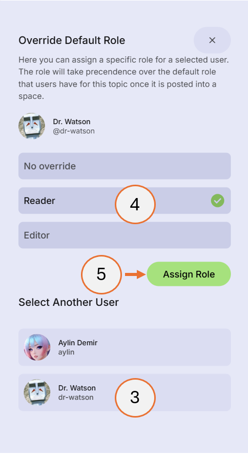 screenshot showing steps 3, 4 and 5 of how to set overriding permissions
