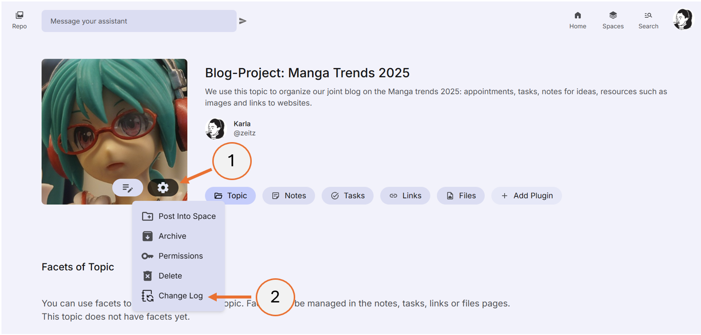 screenshot showing how to open the topic change log