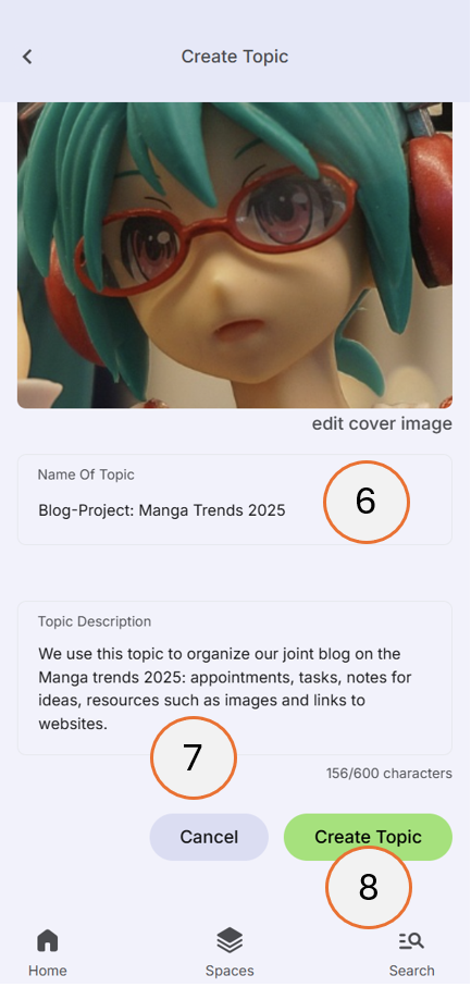 screenshot showing step 6,7, and 8 of how to create a topic