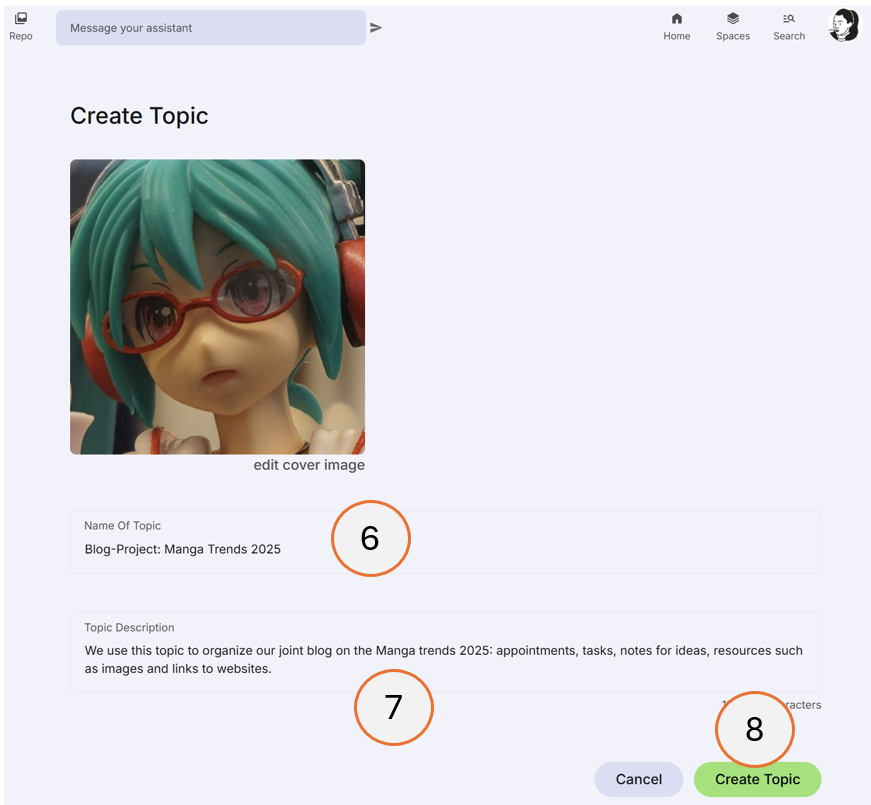 screenshot showing step 6,7, and 8 of how to create a topic